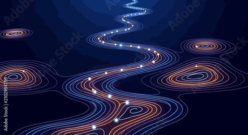 An abstract digital illustration displays a winding path of glowing white dots against a dark blue background with flowing topographic contour lines.