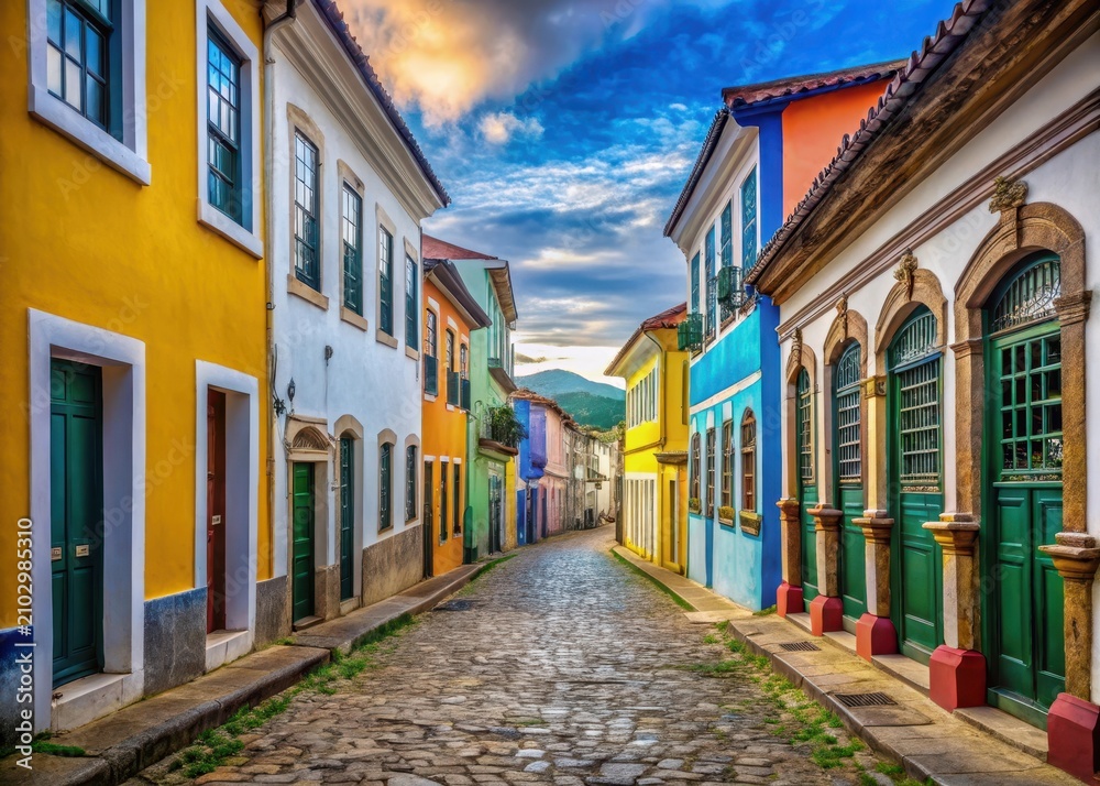 Fototapeta premium Ancient street with colorful buildings and vibrant tiles