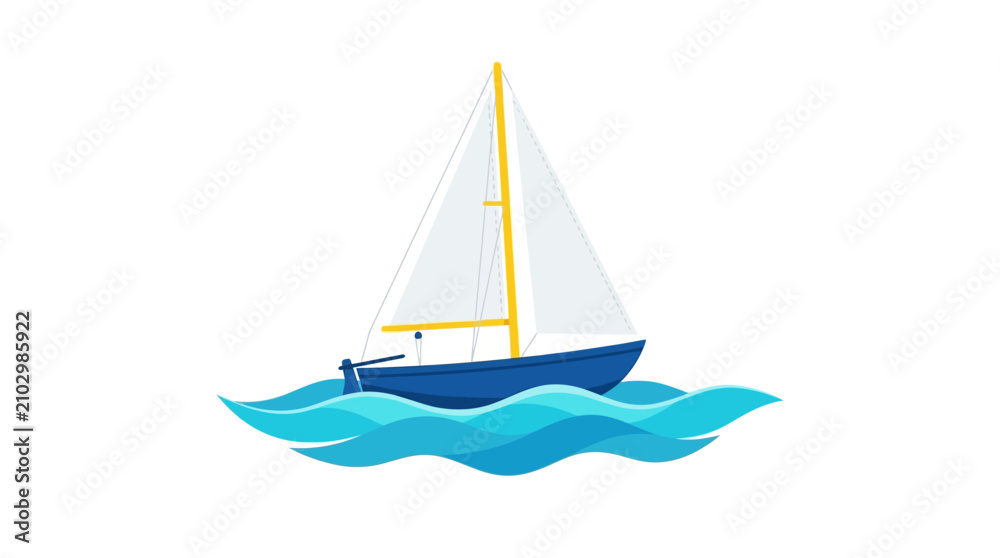 Fototapeta premium Blue Sailboat on Wavy Water, Nautical Illustration
