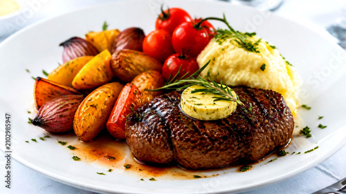 Juicy Grilled Beef Steak with Roasted Vegetables and Fresh Herbs Served on White Plate