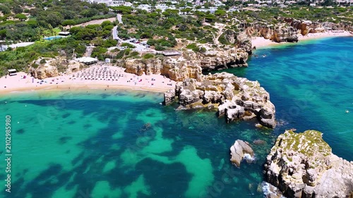 Aerial view of Praia do Castelo in Albufeira in the Faro District, Algarve, Portugal