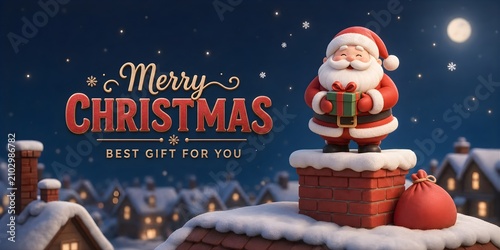 A Santa Claus stands on a chimney, surrounded by a wintry village.