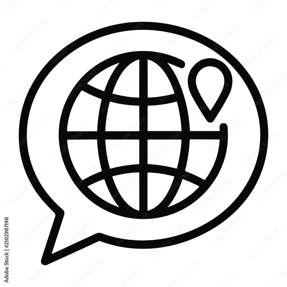 Obraz premium Global Communication Icon with Globe and Map Pin in Speech Bubble