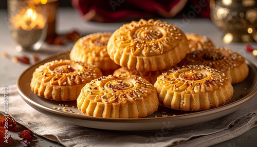 Golden baked kleicha. Freshly baked traditional iraqi sweet cookies with intricate patterns stacked on a serving dish.