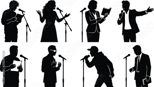 Cuadro en lienzo Diverse Public Speakers Silhouette Collection with Microphones Notes Books and P