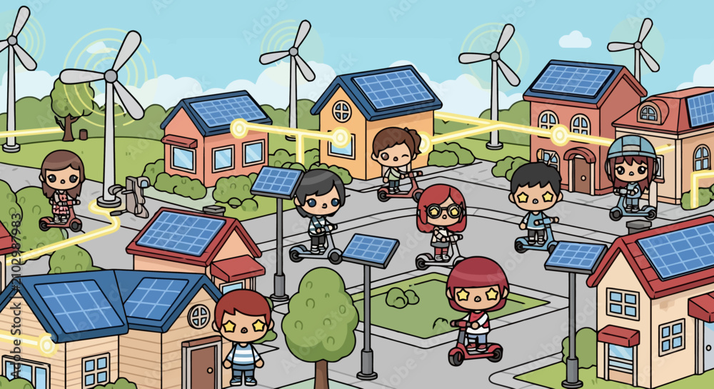 Naklejka premium Children in a sustainable community with solar panels and wind turbines.