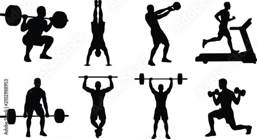 Bild auf Leinwand Fitness and bodybuilding silhouettes set featuring male athletes lifting weights
