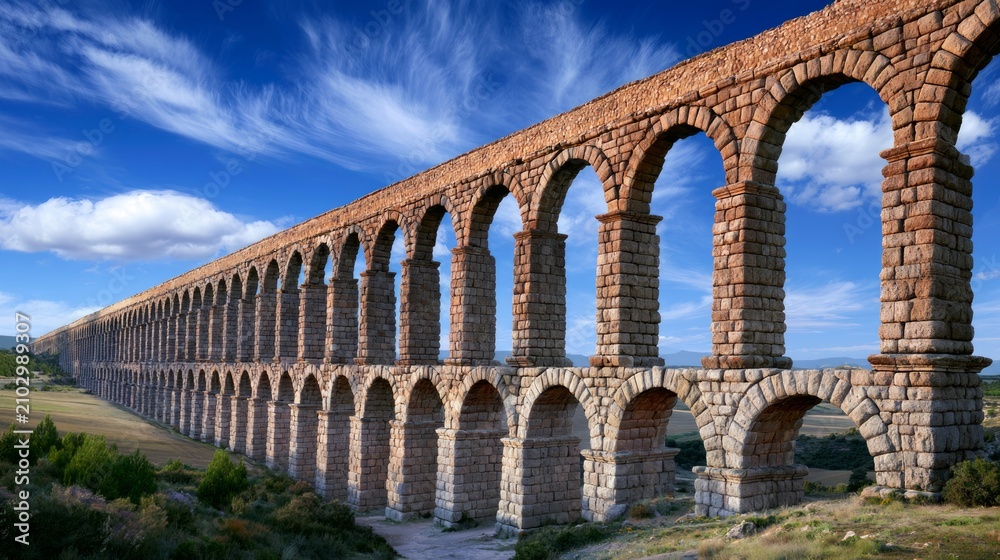 Fototapeta premium Ancient Stone Aqueduct Stretching Across Dramatic Landscape Under Blue Sky with Clouds