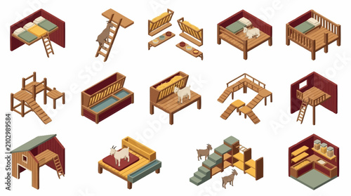 Bild auf Leinwand Isometric Wooden Furniture and Workshop Tools Collection.