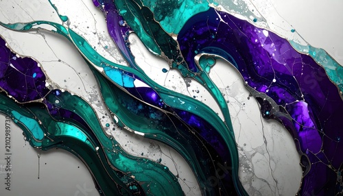 Elegant abstract fluid art with teal and purple swirls.