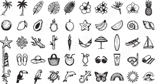 Bild auf Leinwand a collection of exactly 50 unique hand drawn tropical icons