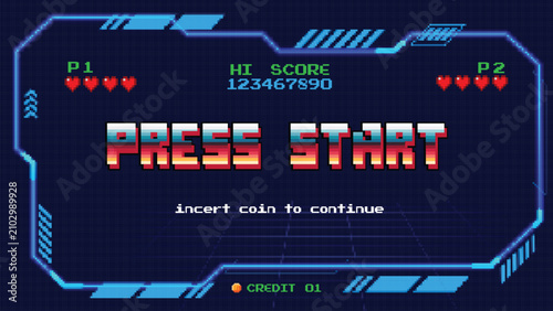 Retro 8-bit pixel art Press Start arcade screen featuring a blue HUD border, health hearts, a high score, and insert coin text. Perfect for futuristic gaming UI, menus, and nostalgic assets.