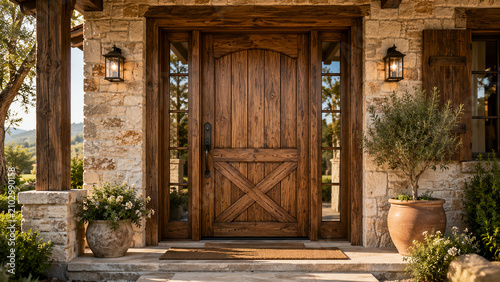 Luxury Rustic Farmhouse Wooden Front Door with Natural Stone Entrance – Premium Country House Architecture