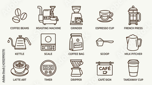 Foto Modern cafe service and specialty coffee equipment icons.
