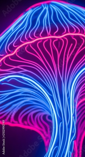 Vibrant Neon Mushroom Glowing with Blue and Pink Lines on Dark Abstract Background