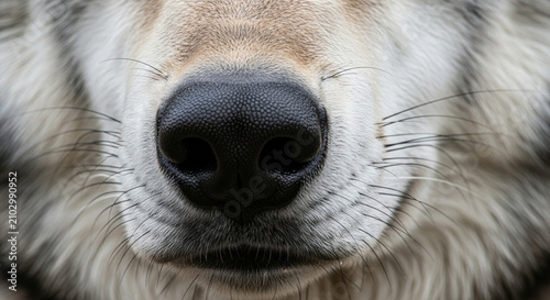 Close-up extreme macro view of a wolf's wet black nose and snout