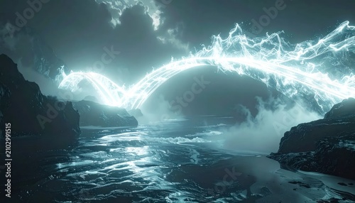 Ethereal plasma bridge over dark misty ocean water.