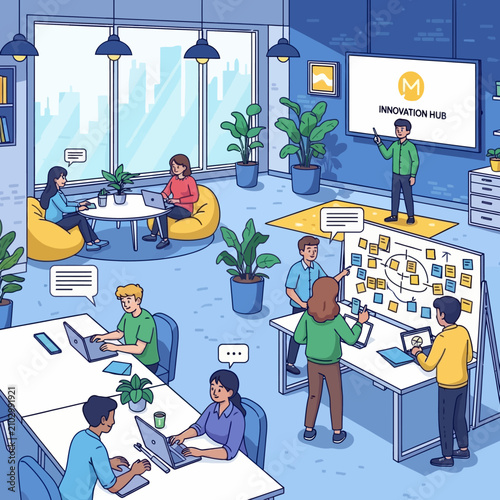Diverse professional team collaborating in a modern innovation hub office space.