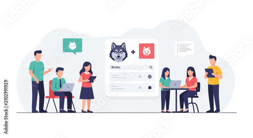 Diverse professional team collaborating on a digital design project in a modern office workspace.