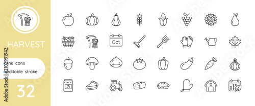 Schilderij op canvas Harvest-themed icon set. Editable stroke, vector.