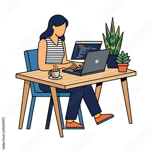 A minimalist flat vector illustration of a person working on a laptop at a desk, coffee cup beside the laptop
