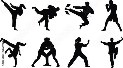 Bild auf Leinwand Martial arts vector silhouettes set featuring karate kick taekwondo judo throw b