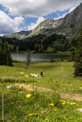 Принти на полотні Panorama von einem Almsee mit Berg im Hintergrund