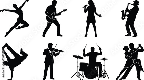 Photos Music and dance performance vector silhouettes set featuring singer guitarist dr