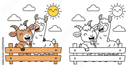 Cuadro en lienzo Cute Cartoon Goat and Llama Leaning on Wooden Fence Together Smiling Brightly Il