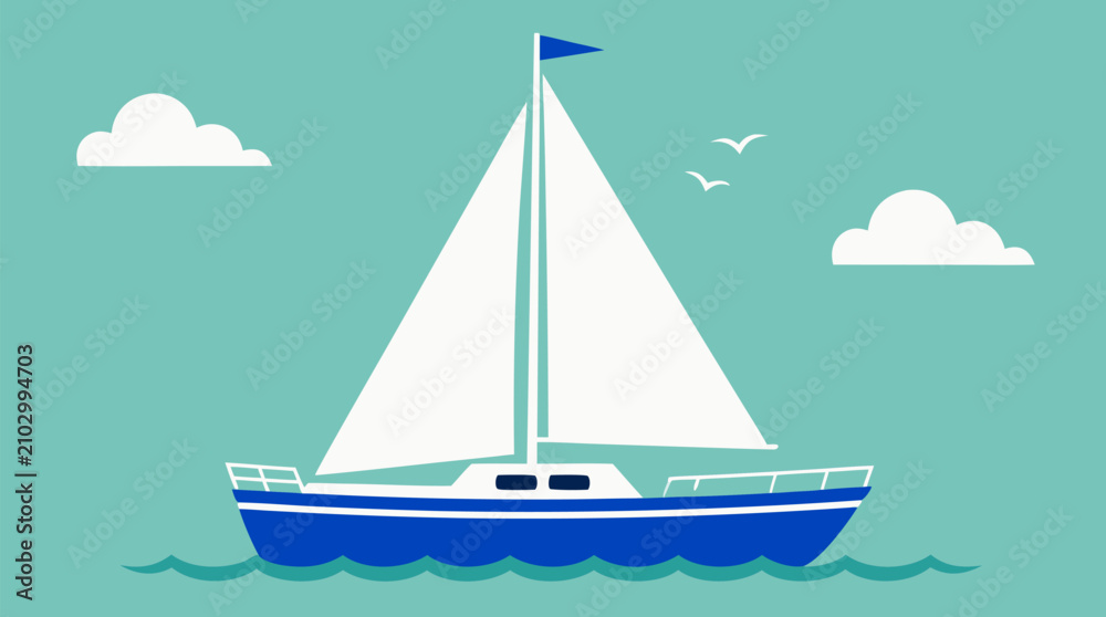 Fototapeta premium Minimal sailboat vector illustration with white sails, blue hull, waving teal water, clouds, seagulls, and nautical flag on calm turquoise background for coastal travel design theme