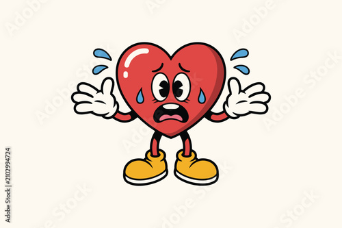 Stressed heart character mascot sweating in rubber hose style.