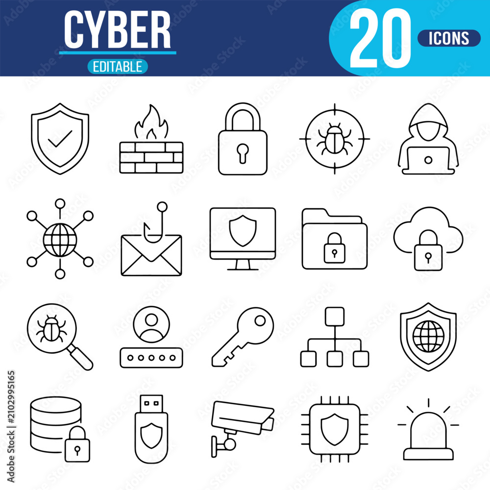 Fototapeta premium Cyber Security Line Icon Set Editable Outline Vector Collection with Firewall, Shield, Lock, Hacker, Cloud Security, Network Protection and Data Privacy Symbols
