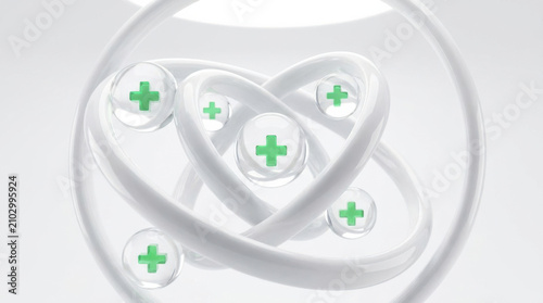 Abstract sculpture with medical green cross symbols inside transparent spheres, futuristic design with white curved tubes