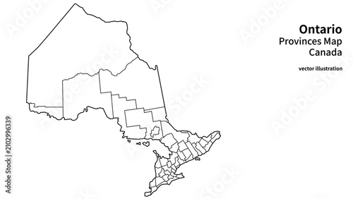 Ontario Map with Province Boundaries, Minimal Canada Region Local Administrative Division Silhouette Line Layout Vector