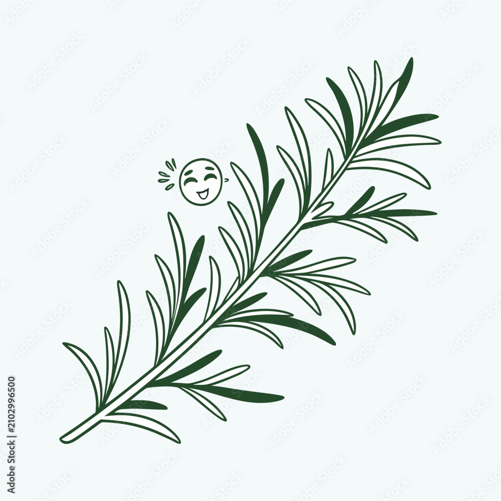 Fototapeta premium Cute cartoon sprig of rosemary with happy face and smiling eyes on white background.