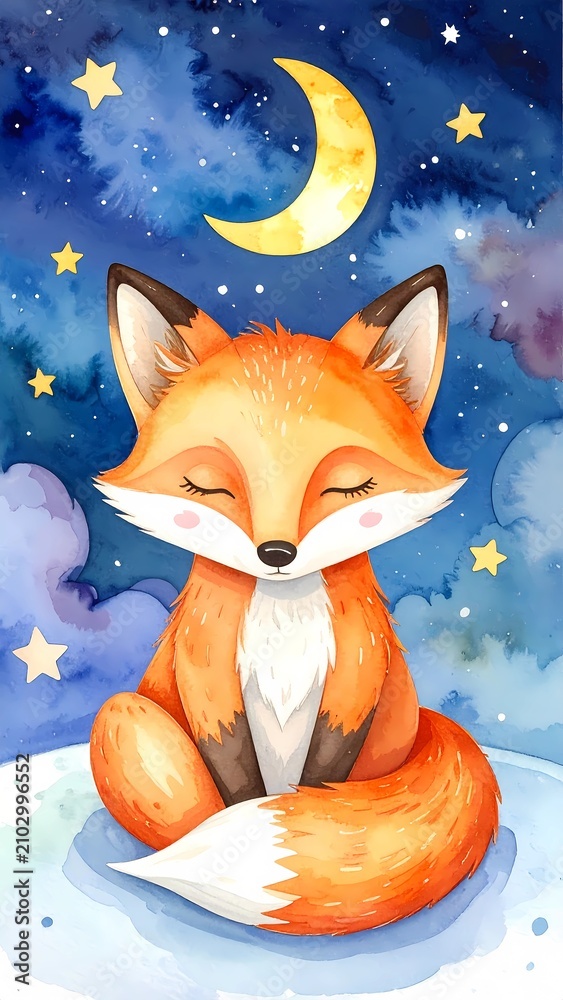 Fototapeta premium Cute watercolor fox sleeps peacefully under a starry night sky with a crescent moon.