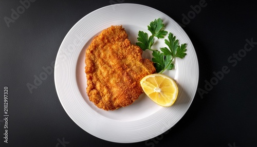 overhead shot of breaded and fried wiener schnitzel with parsley and a lemon slice on a white plate against a black background
