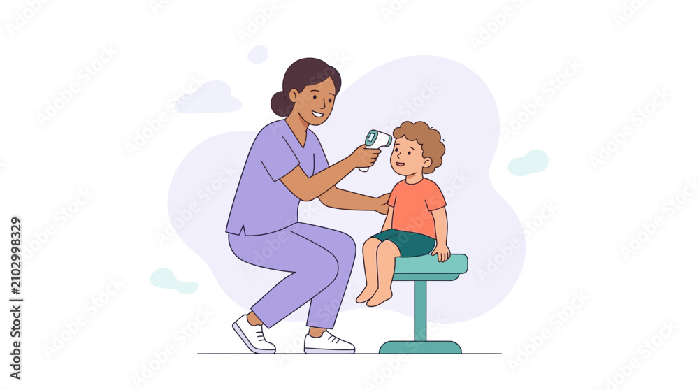 Fototapeta premium Friendly nurse checks a child's temperature with a digital thermometer, conveying care and health awareness in a modern vector style.