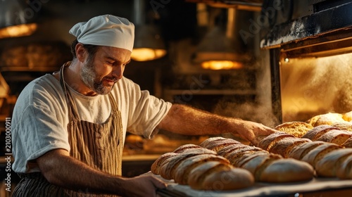 Baker, smiling, takes loaves of bread from the oven's tray, warm light