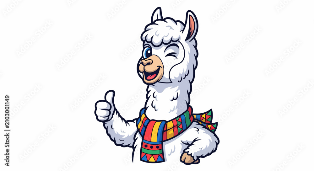 Naklejka premium Cute Cartoon Llama Giving Thumbs Up and Winking.