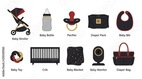 Fotografie A collection of essential baby items including a stroller, bottle, pacifier, crib, blanket, monitor, and diaper bag, all in a stylish black, red, and gold color scheme