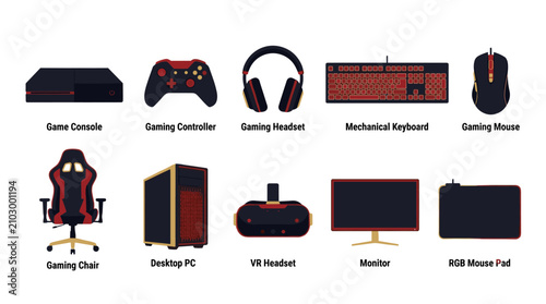 Fotografie A comprehensive collection of modern gaming equipment and accessories, including consoles, controllers, headsets, keyboards, mice, chairs, PCs, VR headsets, monitors, and mouse pads