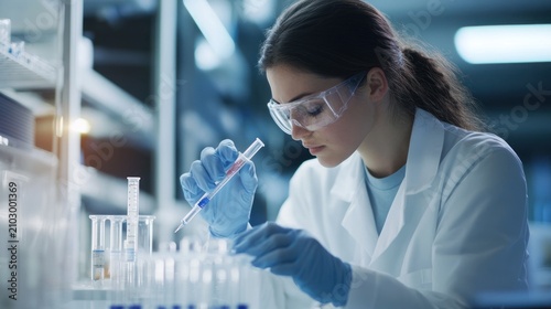 A woman in a lab coat and safety glasses carefully transfers liquid from a syringe