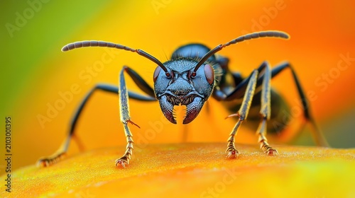 Macro shot of a black ant with large mandibles on an orange surface, blurred background