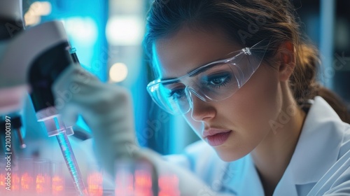 A lab worker with safety glasses and lab coat, analyzing samples with focused concentration
