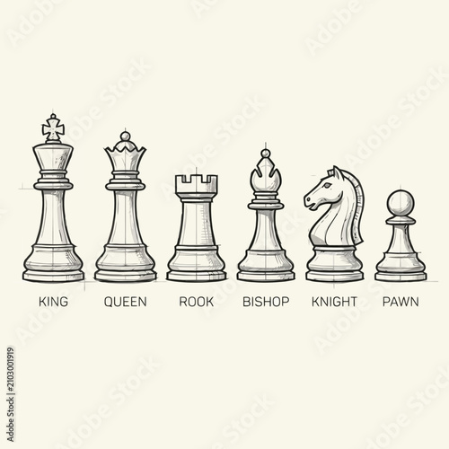 Fotografie A set of detailed hand drawn board game pieces on paper