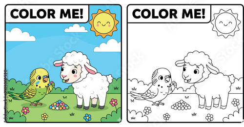 Fotografía Cute Cartoon Coloring Page for Kids: A Friendly Budgerigar Bird Hand-Feeding a S