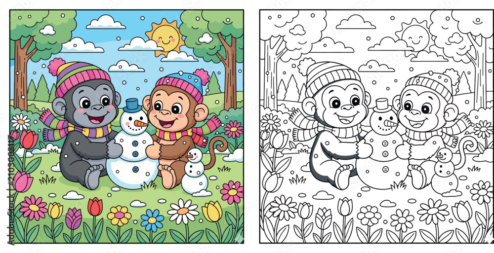 Fototapeta premium Cute Gorilla and Monkey Building a Snowman Together in a Spring Meadow with Flowers and Falling Snow