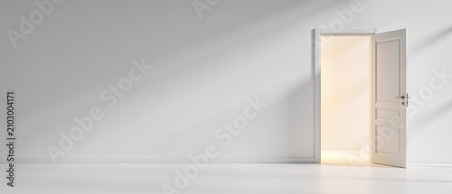 Minimalist white door with dramatic shadow creating modern empty space illusion