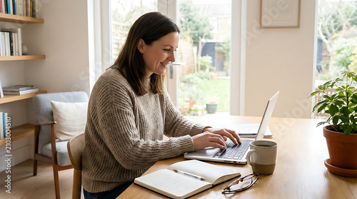 Woman Working Comfortably on Laptop at Home Office Table